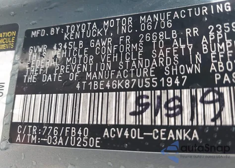 2007 Toyota Camry Ce/Le/Se/Xle из США, поврежденный, VIN 4T1BE46K87U551947